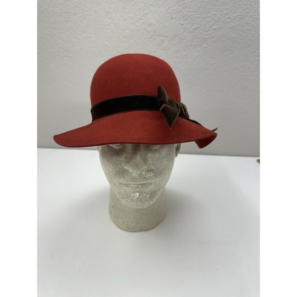 Betmar New York Womens Hat One Size Red Wool Brown Ribbon Bow Floppy Brim Vintag - Picture 1 of 12